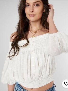 FREE PEOPLE White Gauzy Smocked Off Shoulder Puff Sleeve Crop top boho fairy